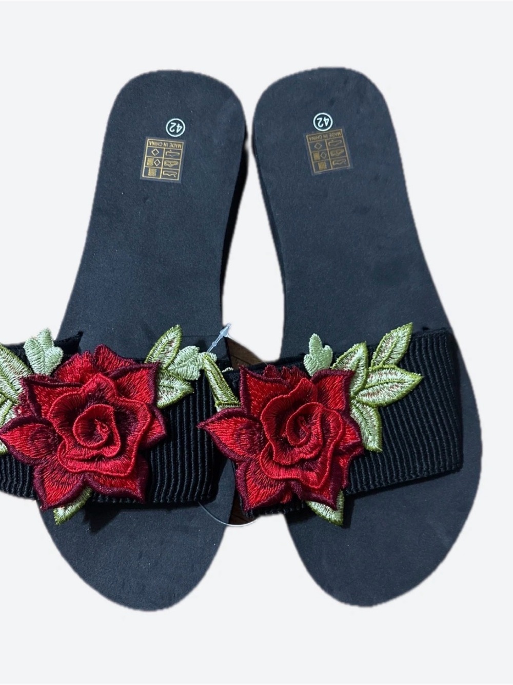 Black Slide Sandals with Red Rose Embroidery